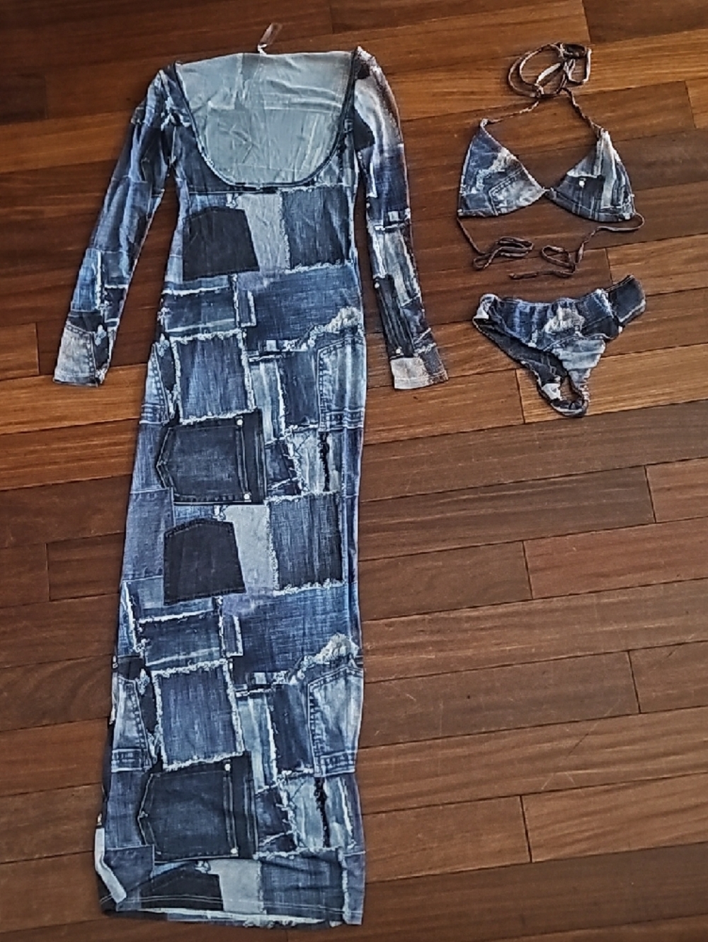 Fashion Nova Denim Patchwork Blue Bikini Set with Maxi Cover-Up